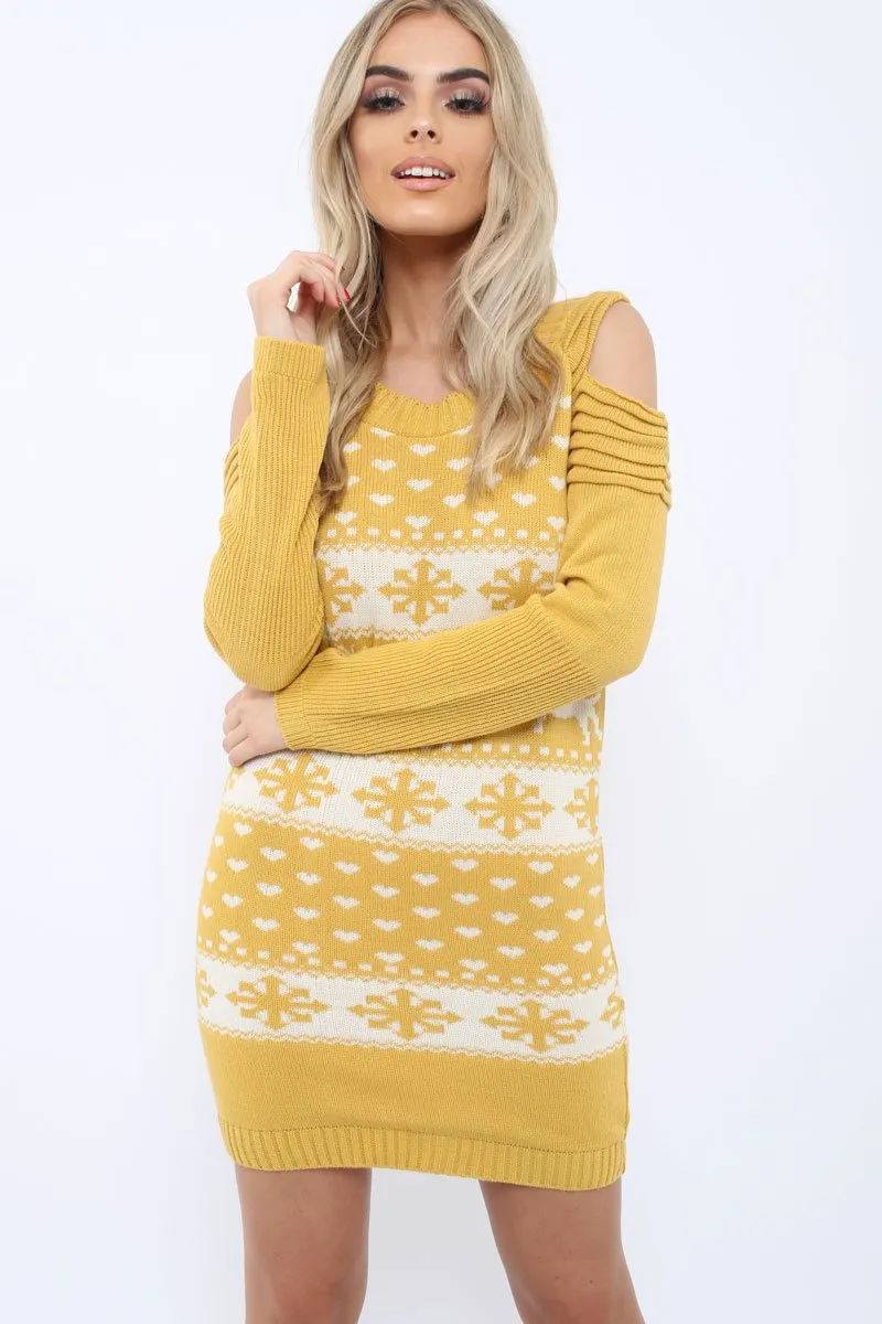 Mustard Christmas Print Jumper Dress - Kleo