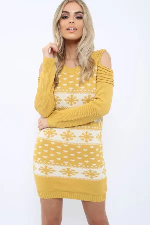 Mustard Christmas Print Jumper Dress - Kleo