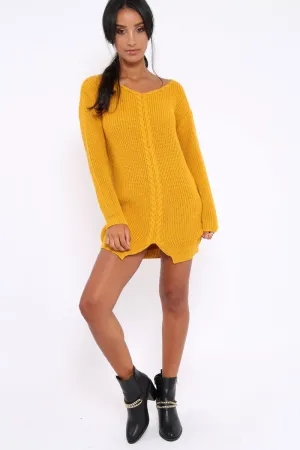 Mustard Jumper Dress with Twist Knit Detail - Antonia
