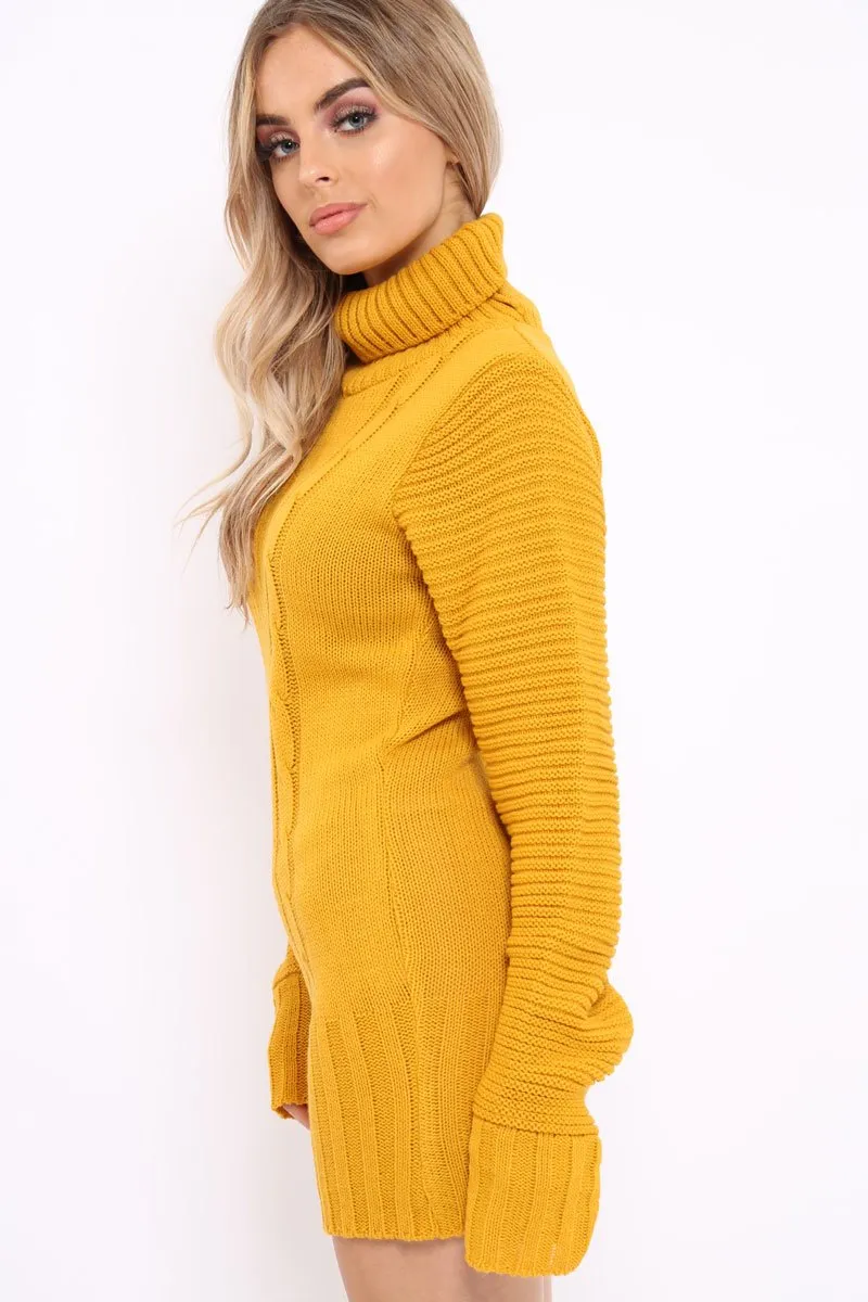 Mustard Roll Neck Chunky Knit Jumper Dress - Hydie