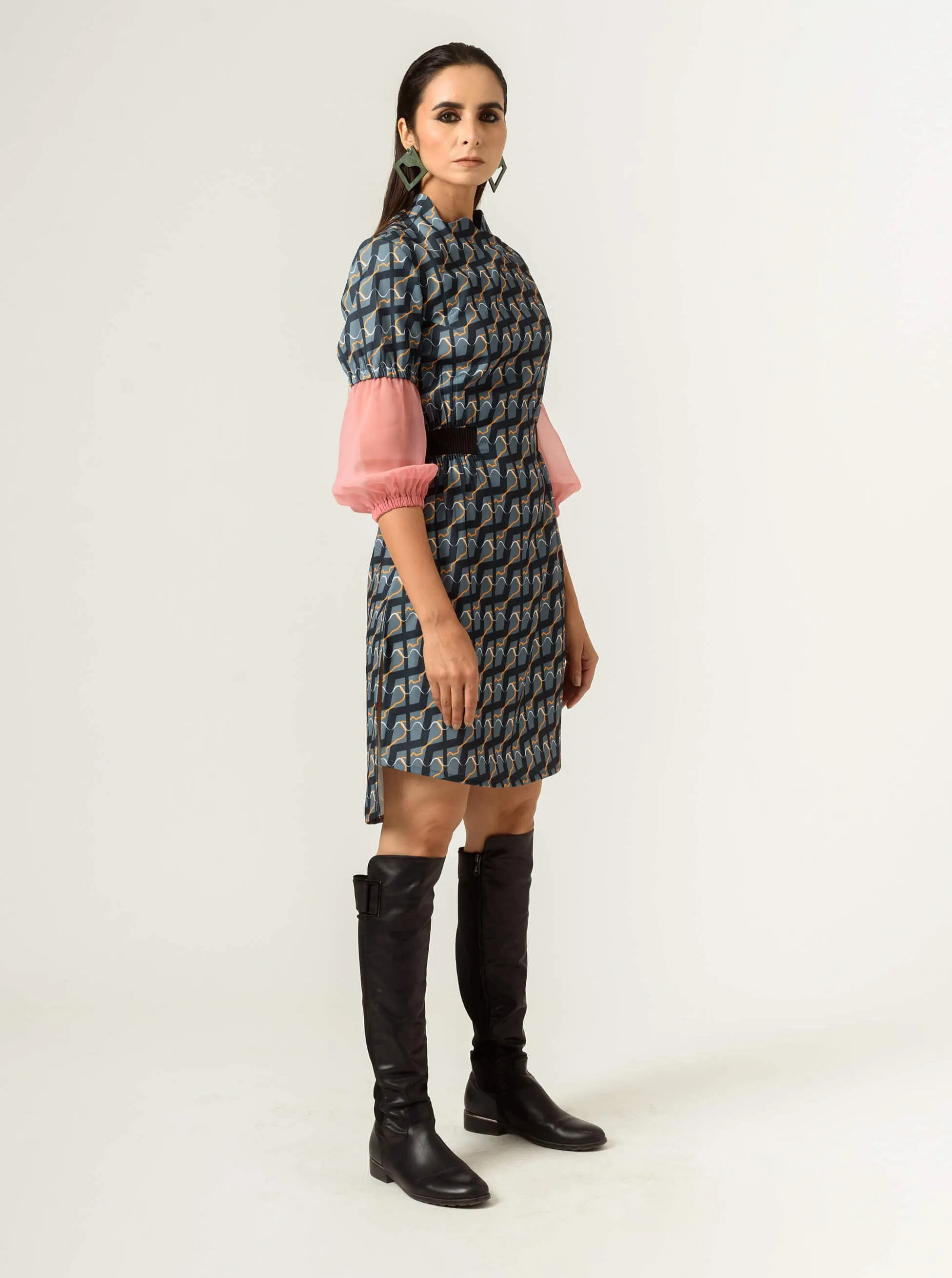 Navy blue balloon sleeves fitted dress