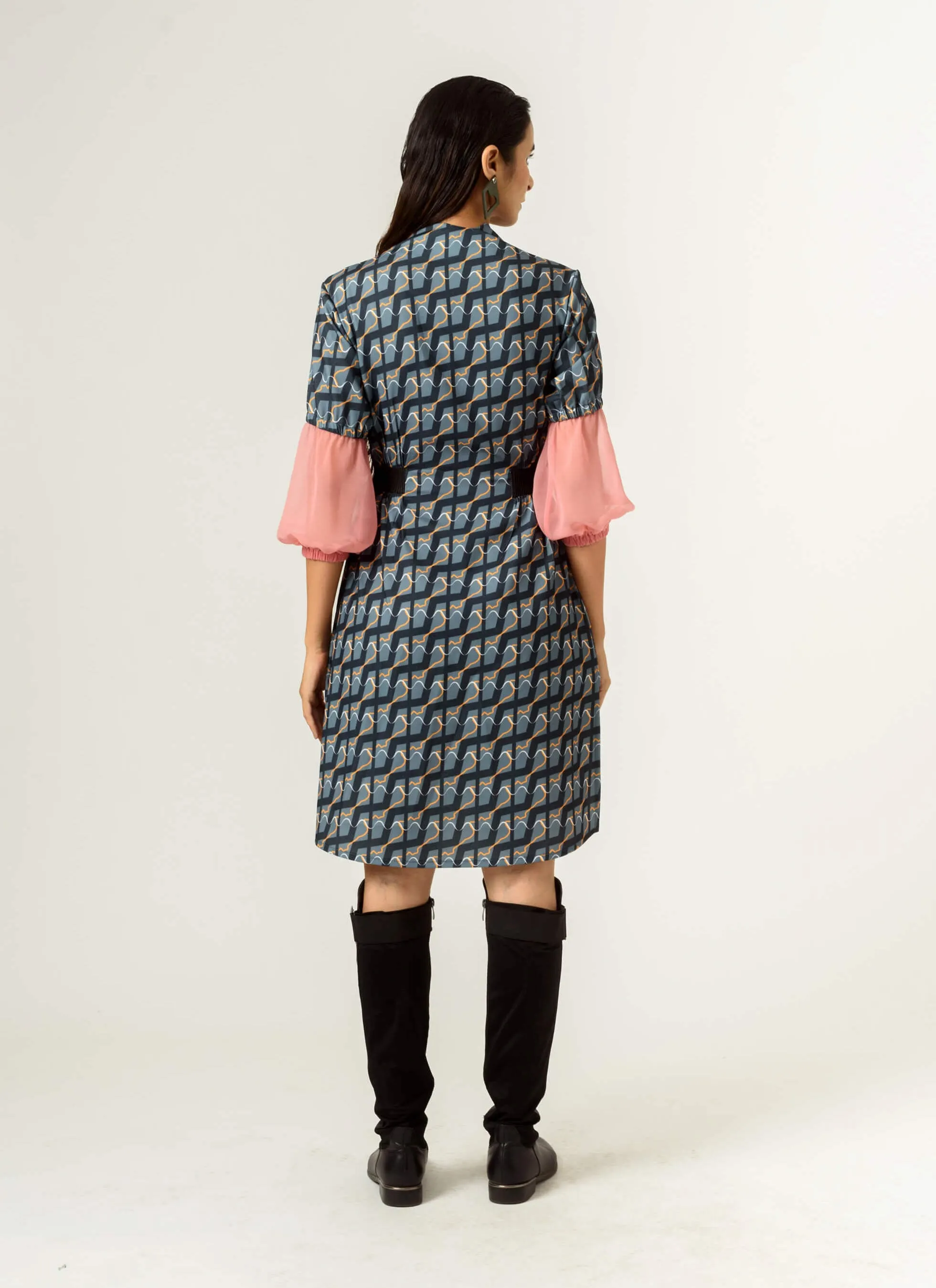 Navy blue balloon sleeves fitted dress