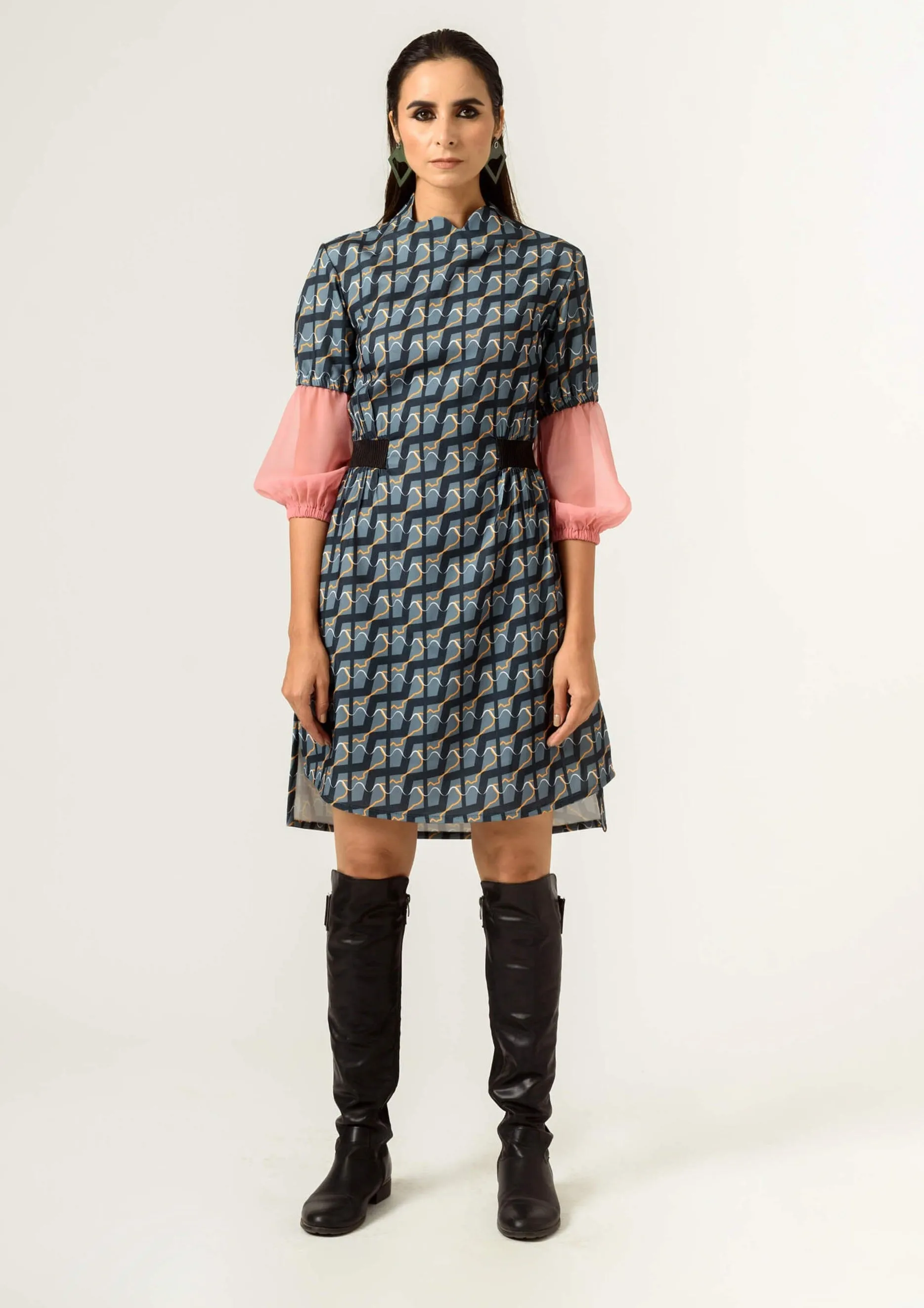 Navy blue balloon sleeves fitted dress