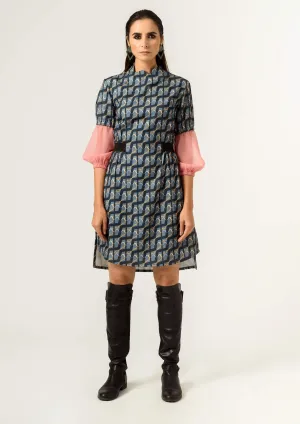 Navy blue balloon sleeves fitted dress