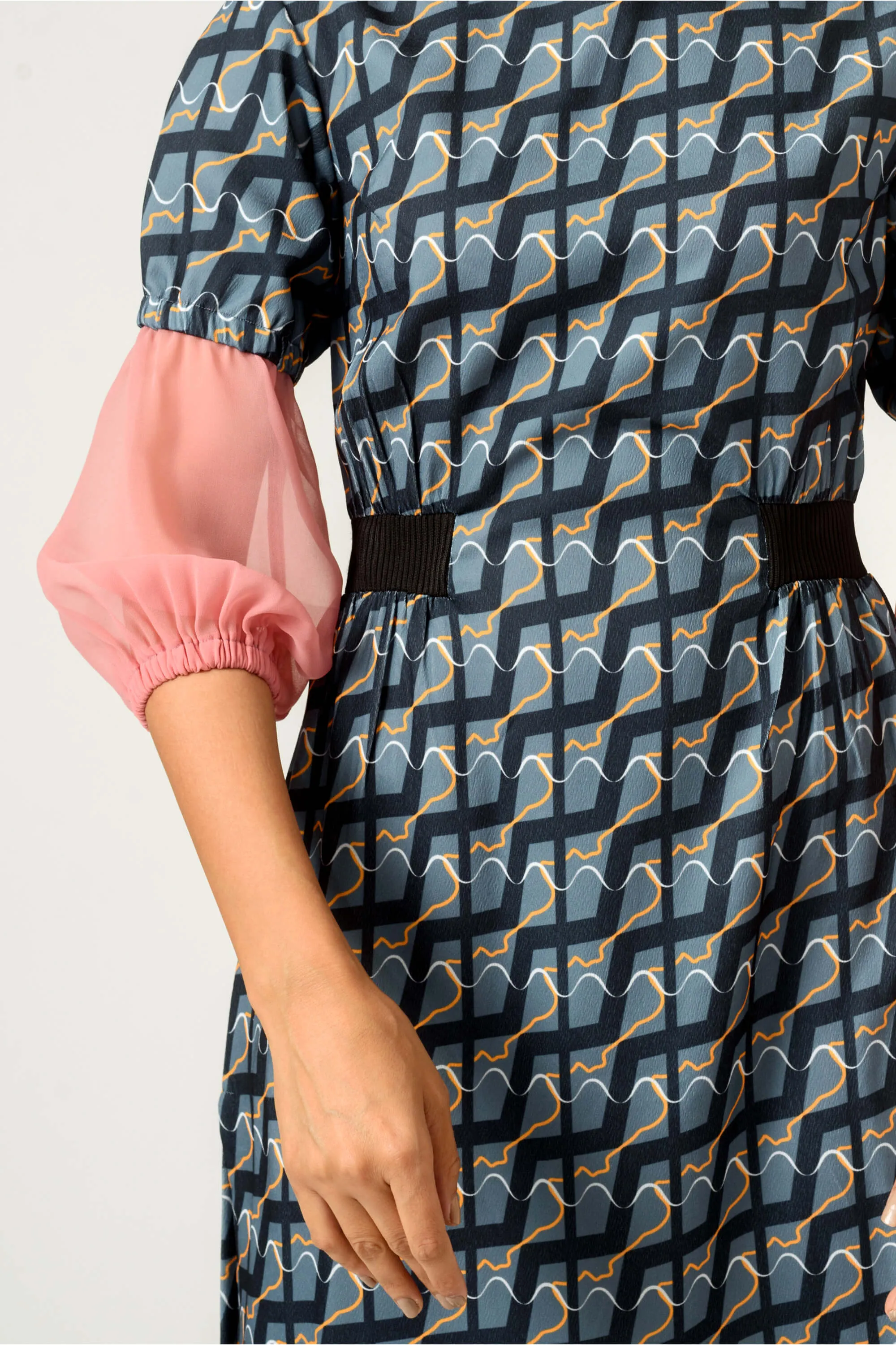 Navy blue balloon sleeves fitted dress