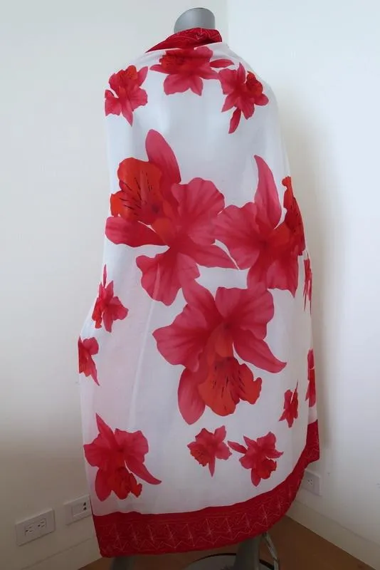 Oscar de la Renta Scarf Shawl Pareo White/Red Floral Print