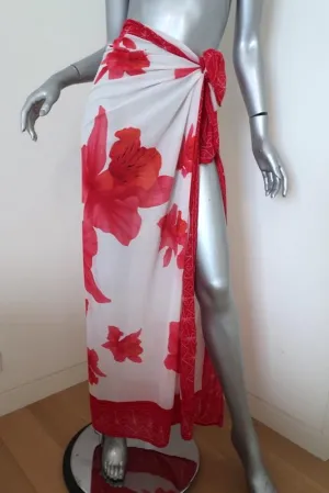 Oscar de la Renta Scarf Shawl Pareo White/Red Floral Print