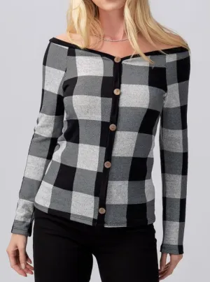 Plaid Off The Shoulder Top - White/Black