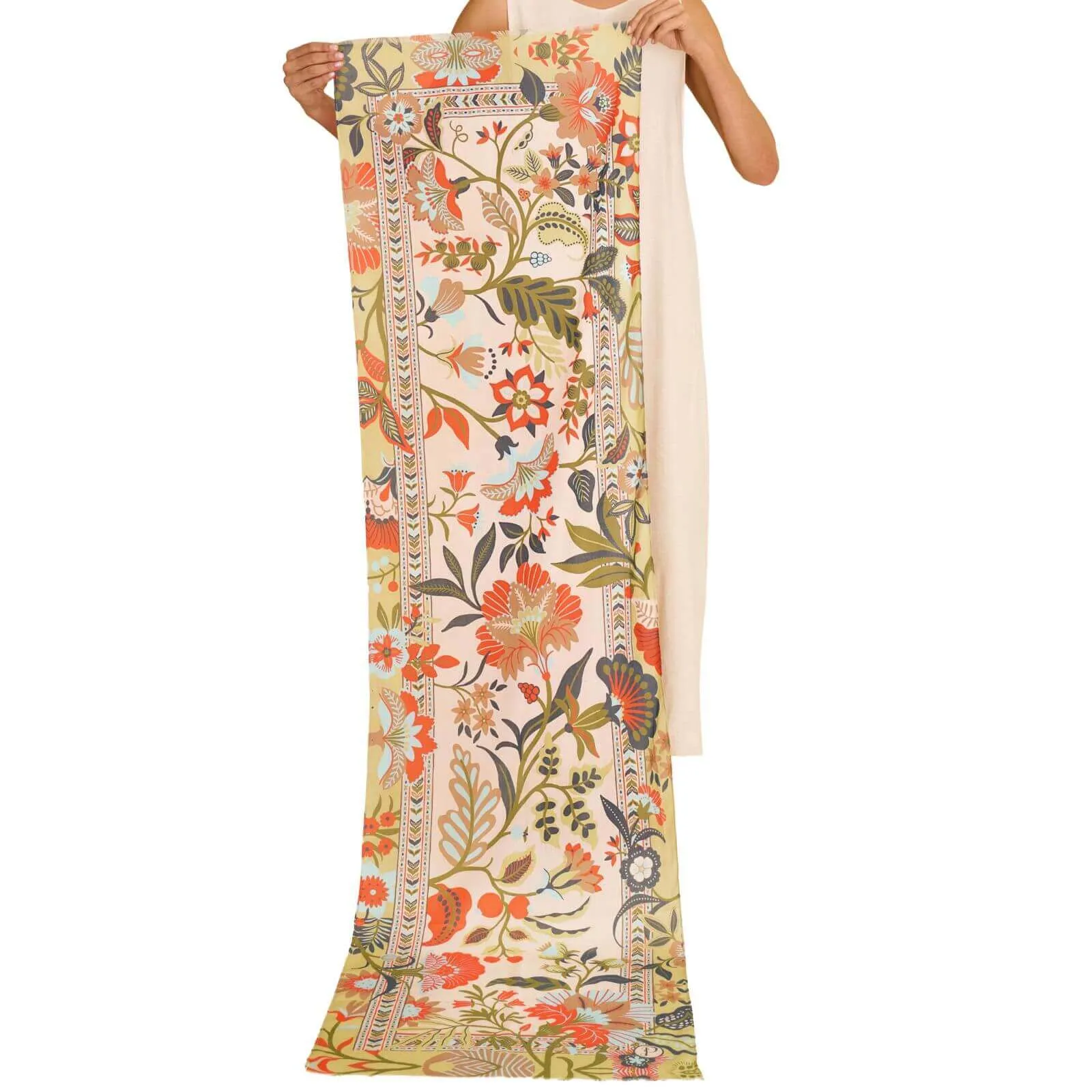 Powder Folky Floral Cotton Scarf - Orange Olive