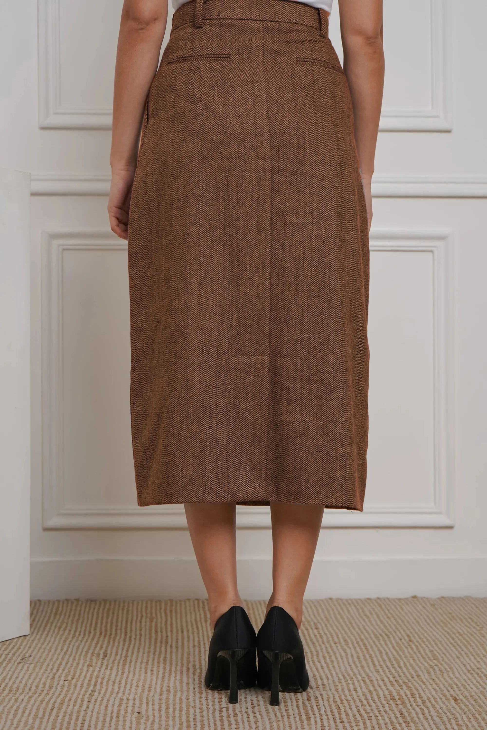 Power Play in Herringbone Tan-tastic Blazer with Skirt Set