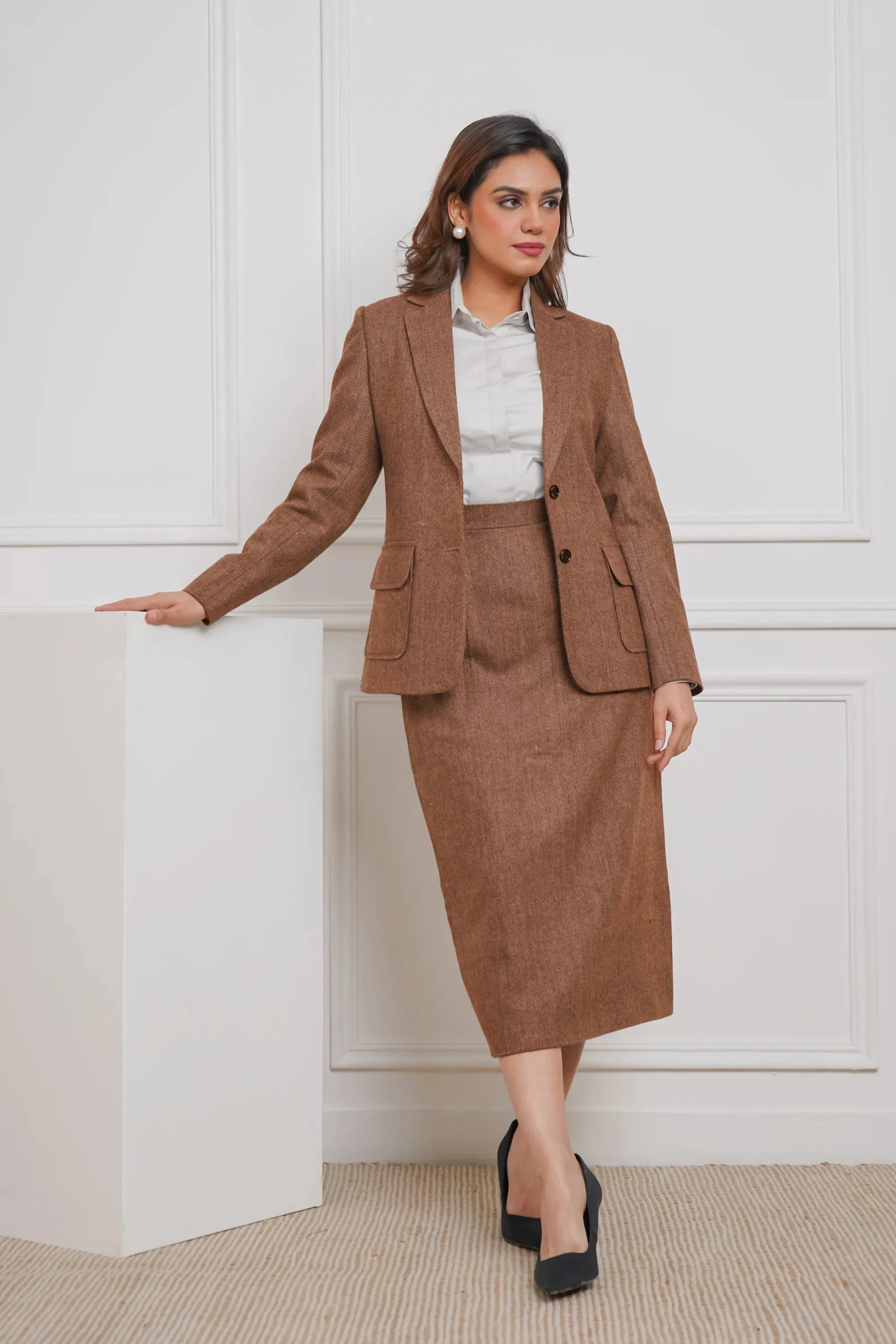 Power Play in Herringbone Tan-tastic Blazer with Skirt Set