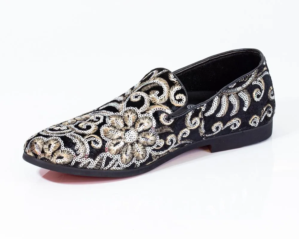 Premium Black And Golden Floral Loafers for men designer slip on casual / dress shoes – Luxury