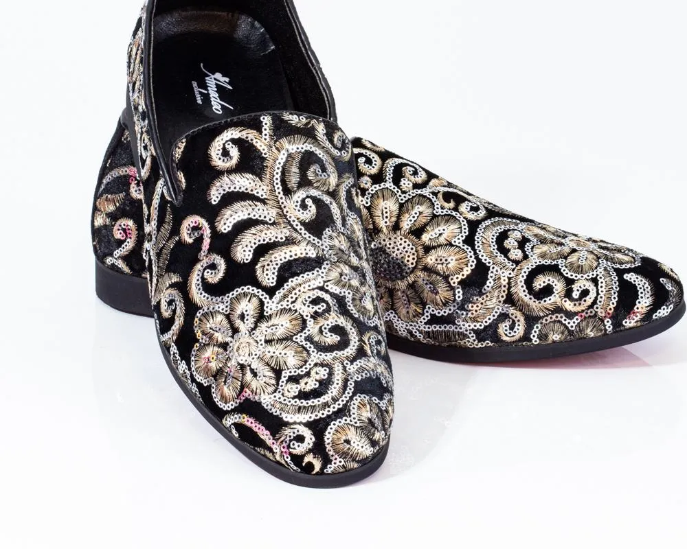 Premium Black And Golden Floral Loafers for men designer slip on casual / dress shoes – Luxury