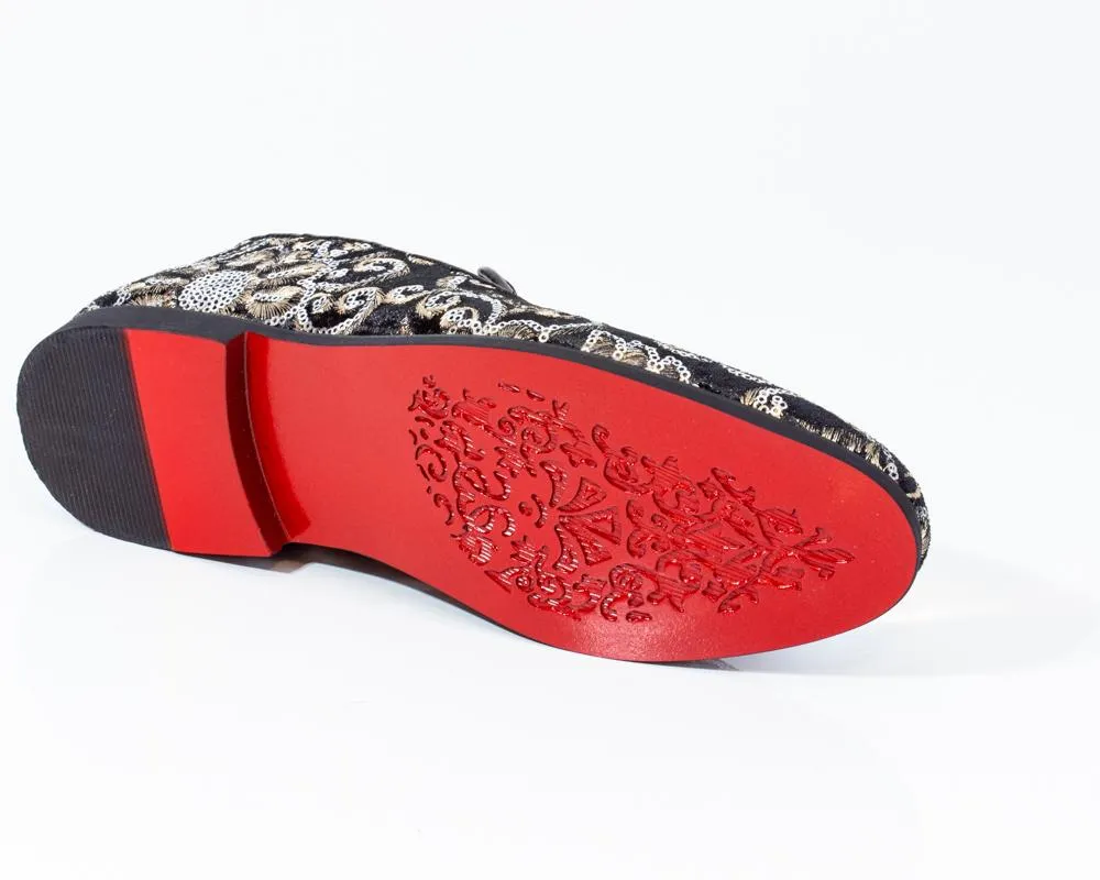 Premium Black And Golden Floral Loafers for men designer slip on casual / dress shoes – Luxury