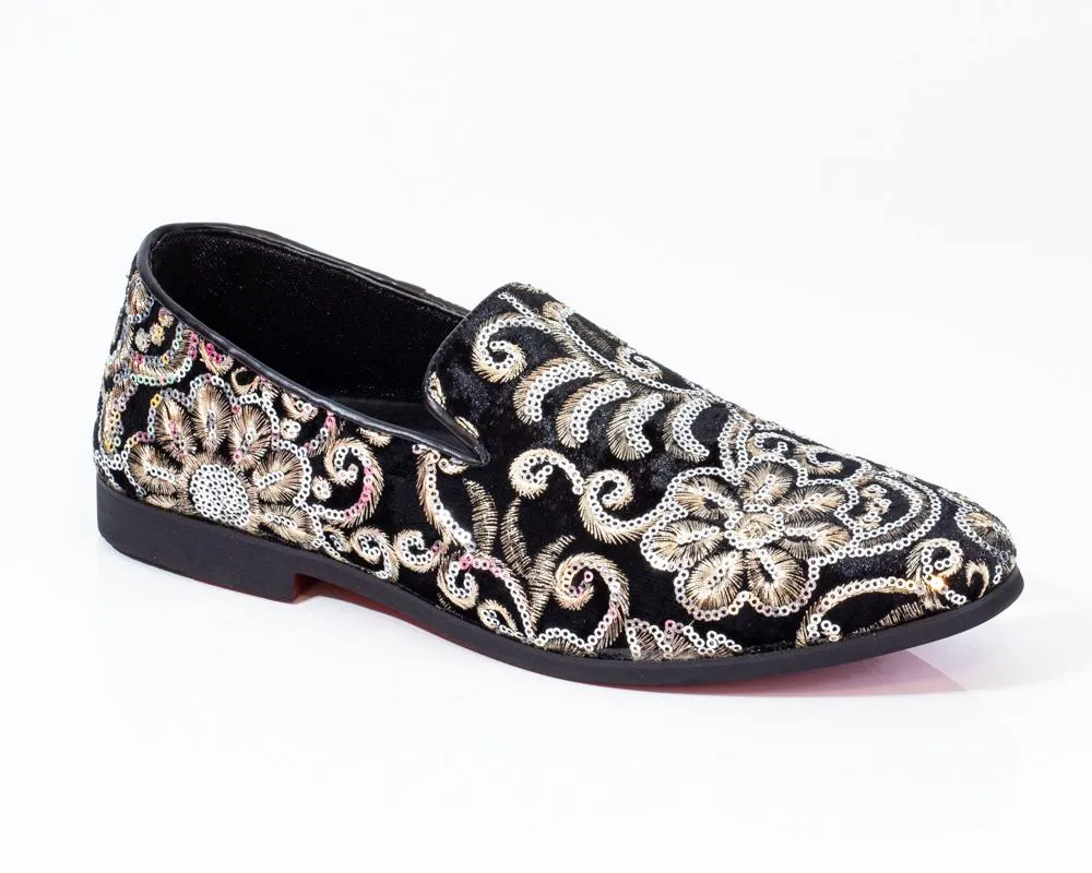 Premium Black And Golden Floral Loafers for men designer slip on casual / dress shoes – Luxury