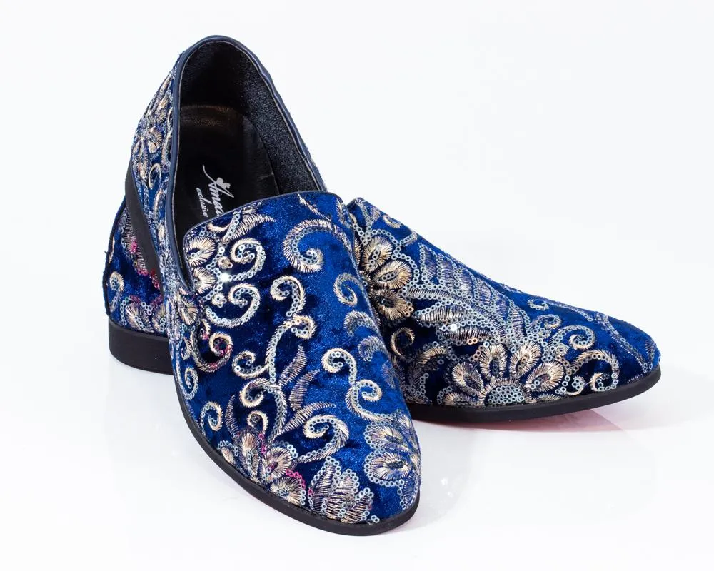 Premium Blue And Golden Loafers for men designer slip on casual / dress shoes – Luxury Leather