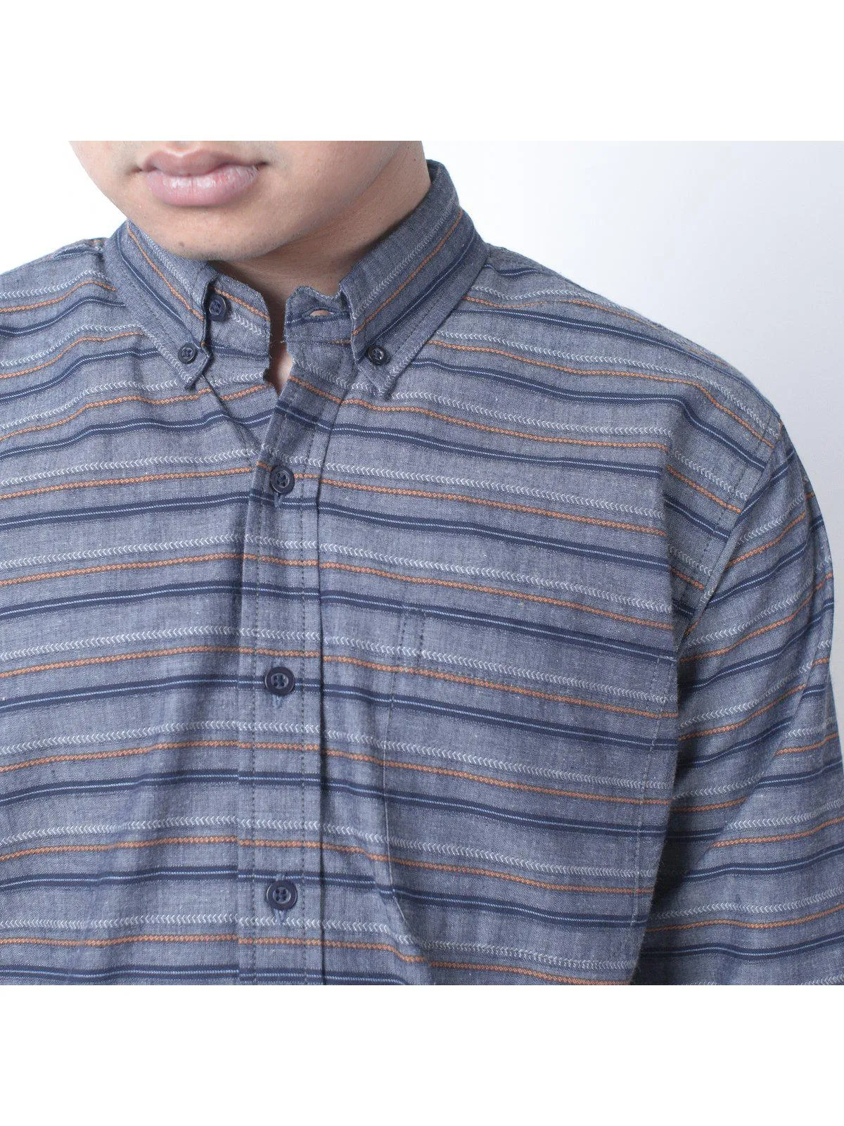 Qutn Button Down LS Steel Blue Multistripes