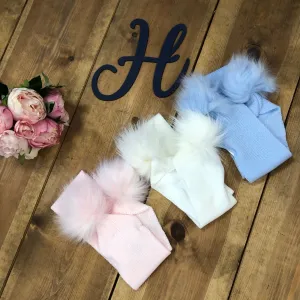 “Ralphy” Blue, White, Grey and Pink Pom Pom Scarves