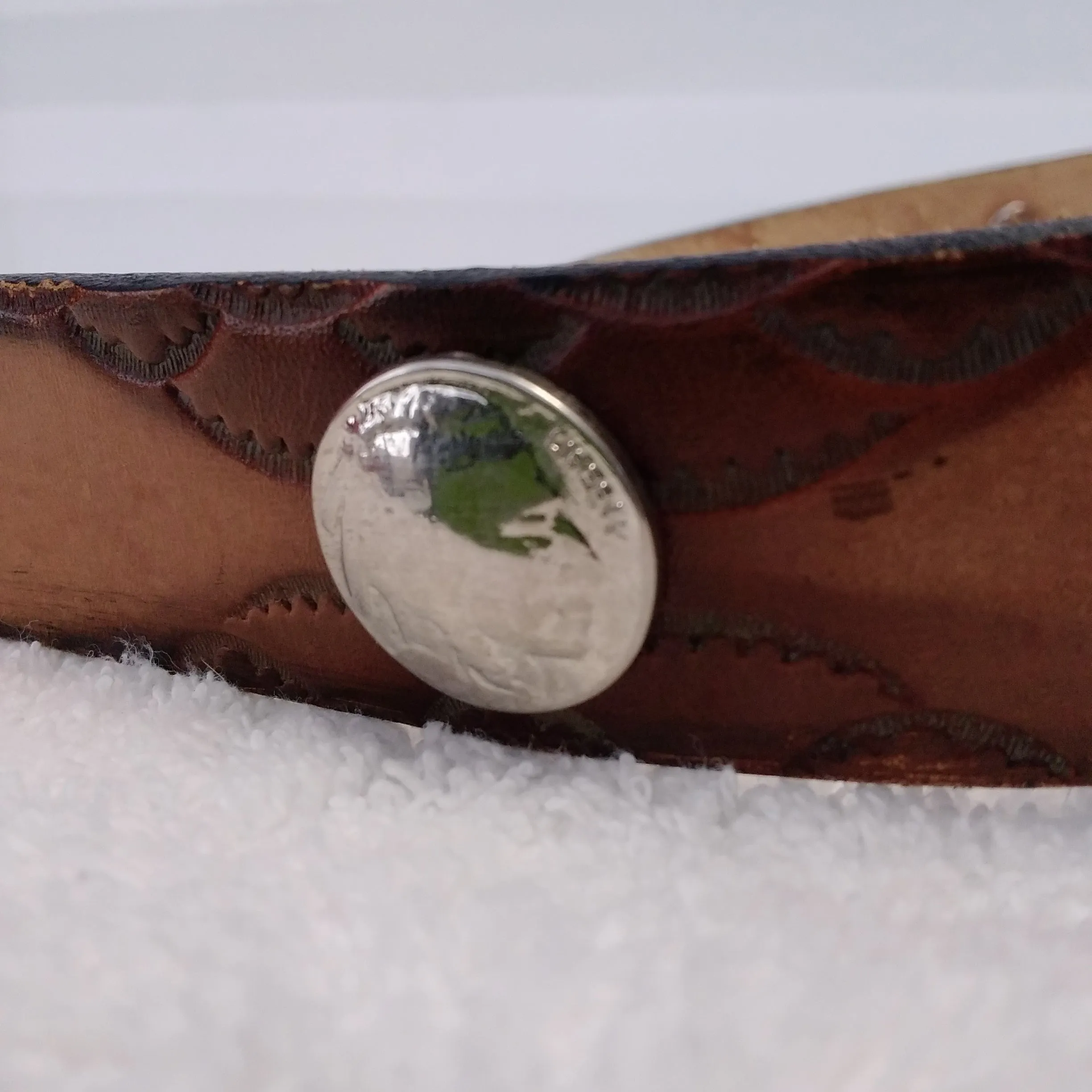 Rare - Harley Davidson Tooled Leather Indian Head Emblem Concha Belt - Size: 40