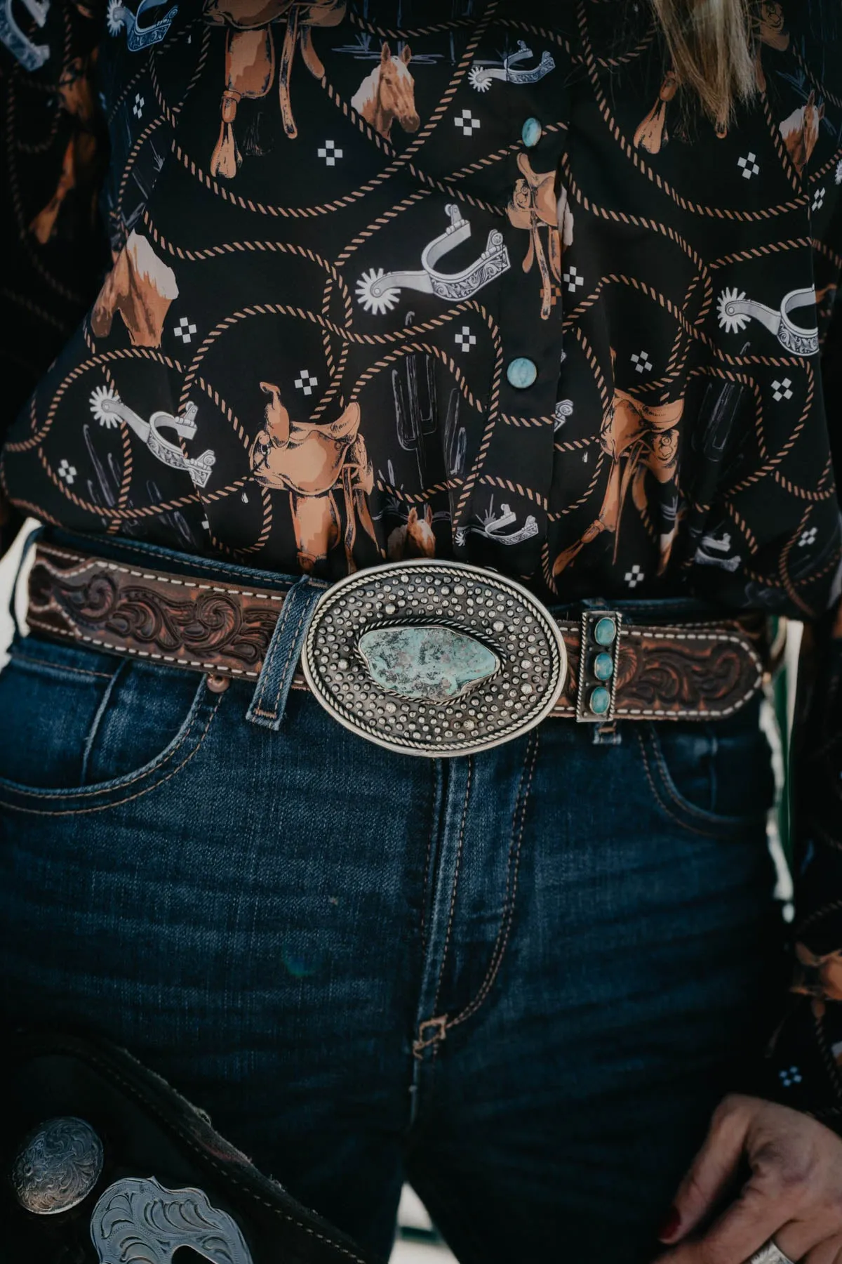 Rope Edge Belt Keeper German Silver with Turquoise Stones by Paige Wallace
