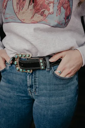 Rope Edge Belt Keeper German Silver with Turquoise Stones by Paige Wallace