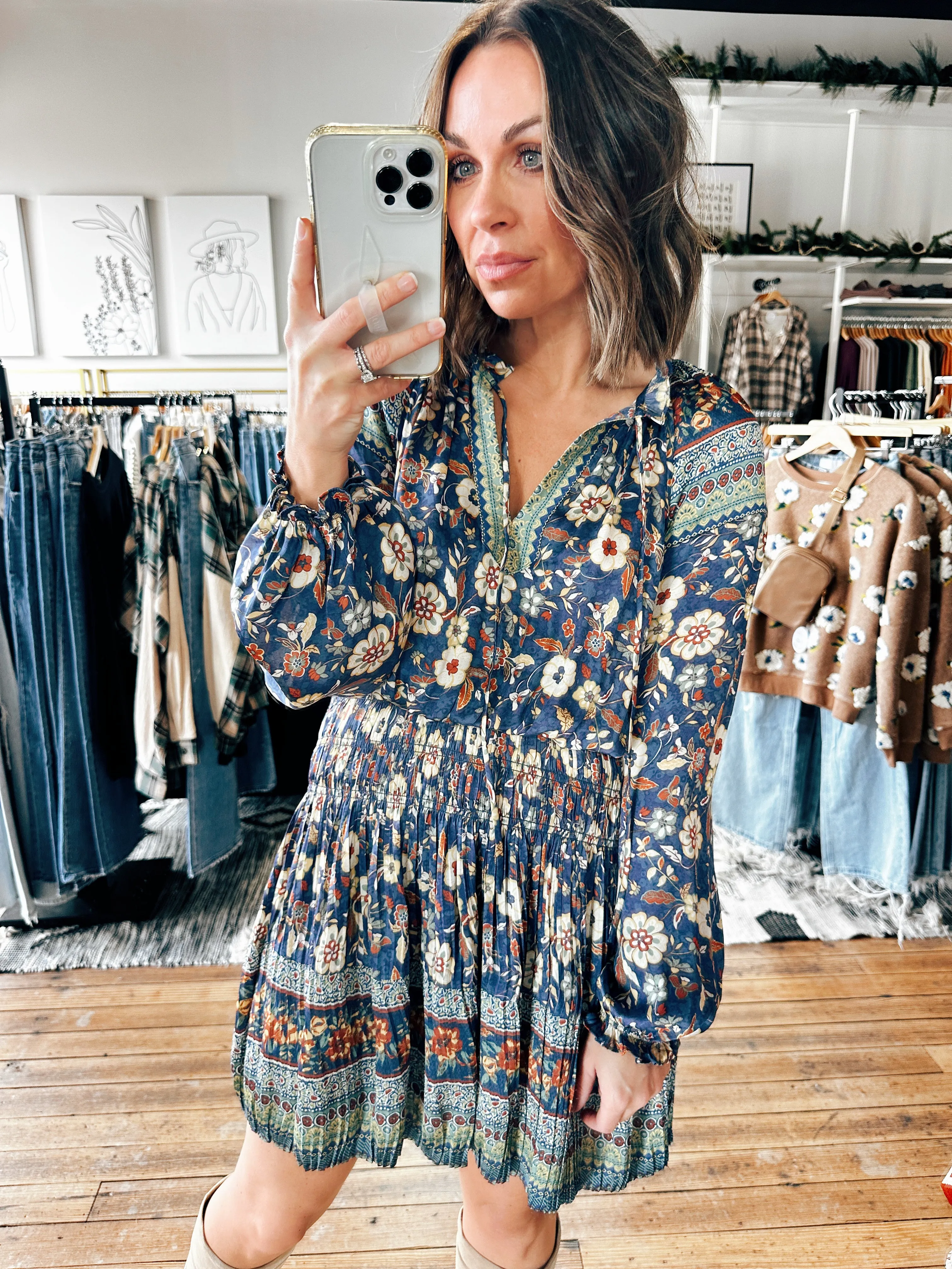 Sadie Smocked Waist Mini Dress w/ Split Neck