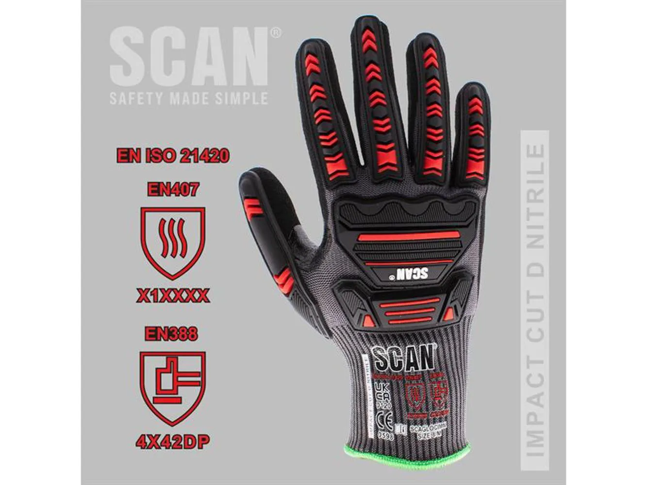 Scan Nitrile Palm Impact Cut D Gloves - M (Size 8)