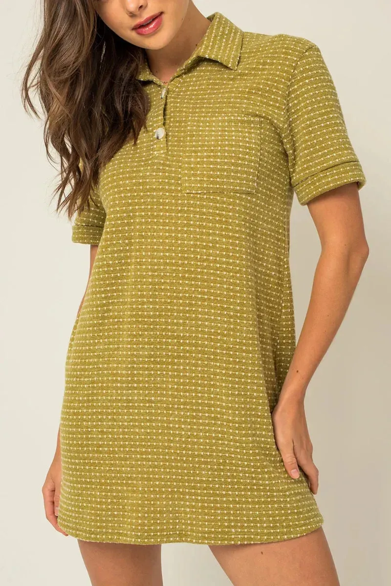 Short Sleeve Collar Button Down Knit Mini Dress