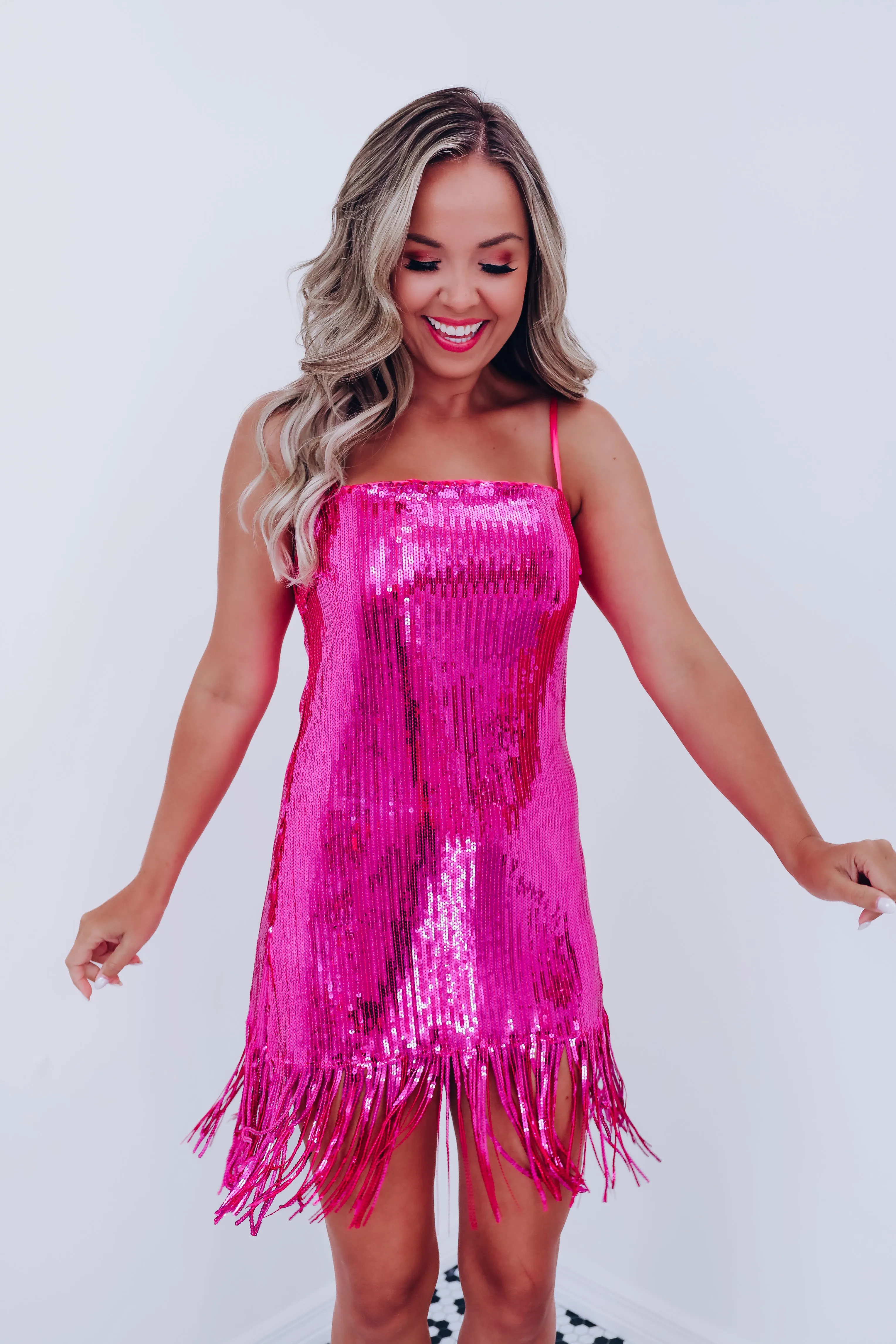 Shoshoni Sequin Fringe Mini Dress - Pink