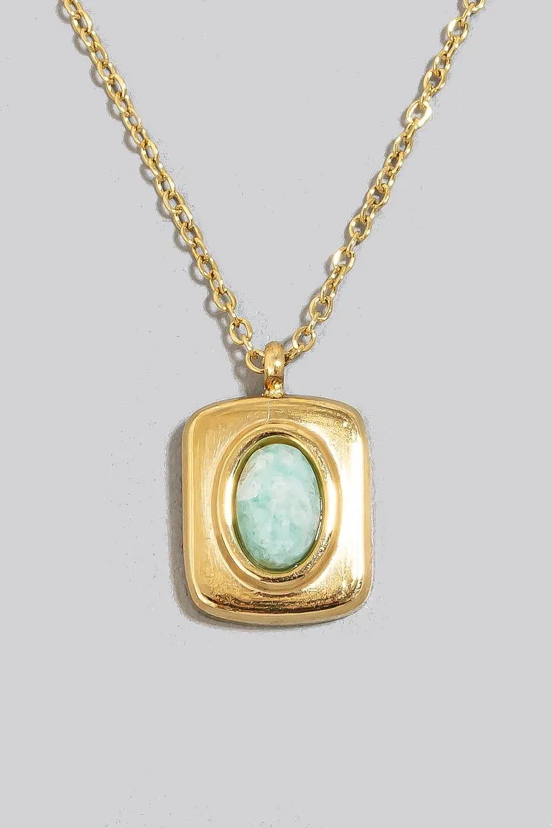 Small Rectangle & Oval Stone Gold Pendant Necklace (Assorted Colors)