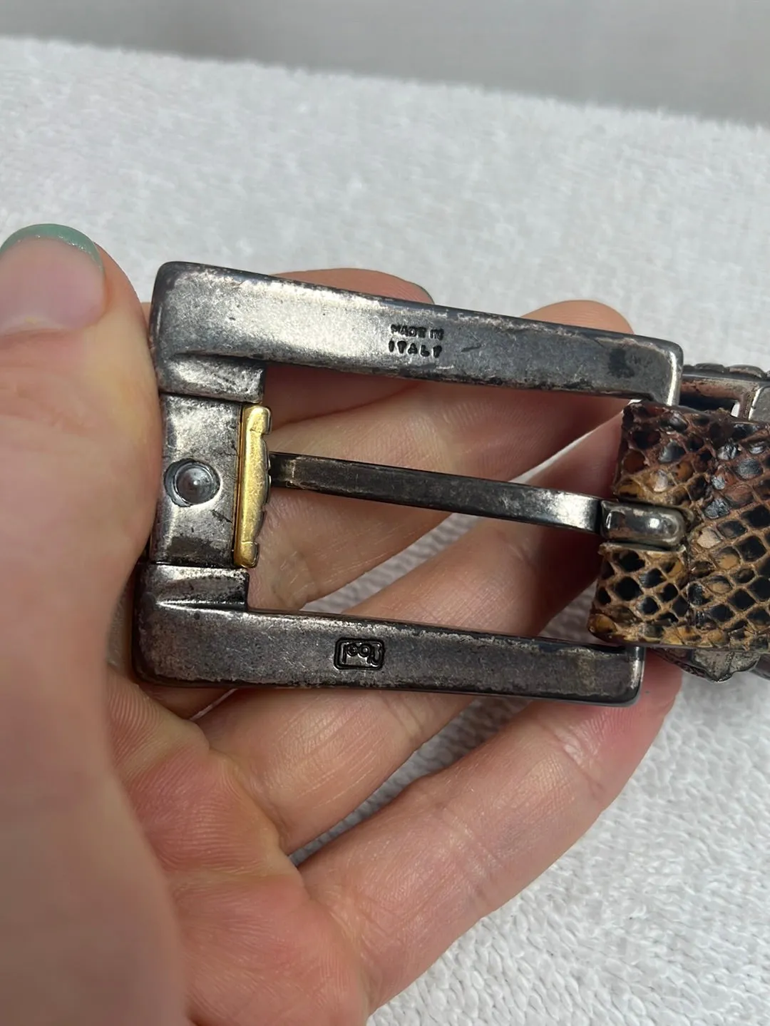 STREETS AHEAD Snakeskin Print Leather Belt with Vintage Italian Buckle -- Size M