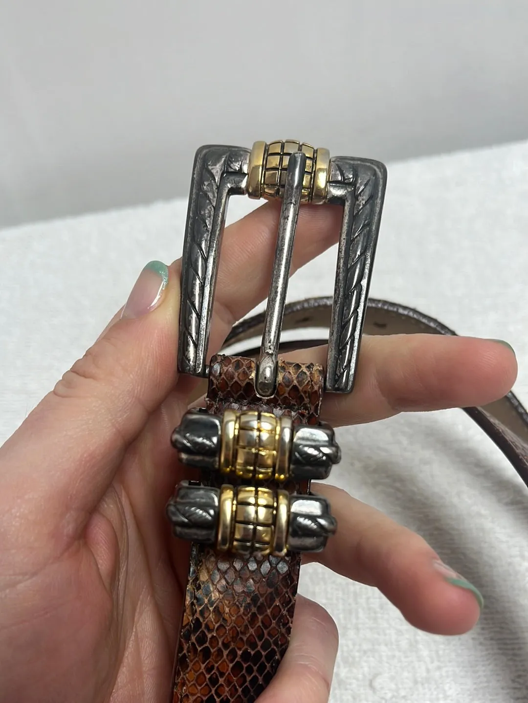 STREETS AHEAD Snakeskin Print Leather Belt with Vintage Italian Buckle -- Size M