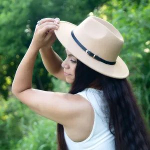 Structured Wide Brim Tan Paloma Fedora Felt Hat with Belt Strap