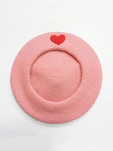 Sweet Lolita Beret Wool Hearts Applique Fuchsia Pink Lolita Barett