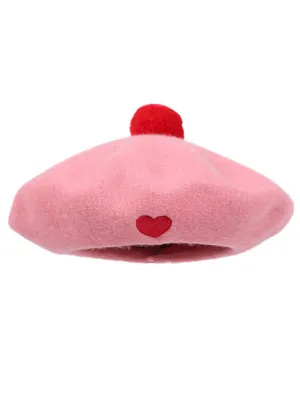 Sweet Lolita Beret Wool Hearts Applique Fuchsia Pink Lolita Barett