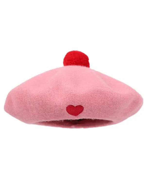 Sweet Lolita Beret Wool Hearts Applique Fuchsia Pink Lolita Barett