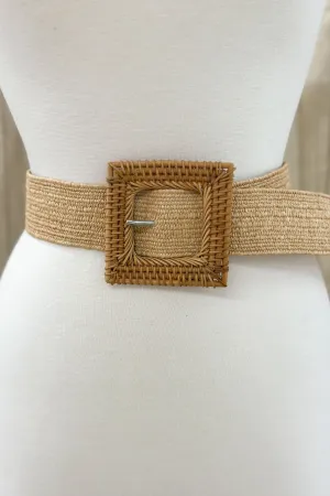 Tan Square Buckle Straw Belt
