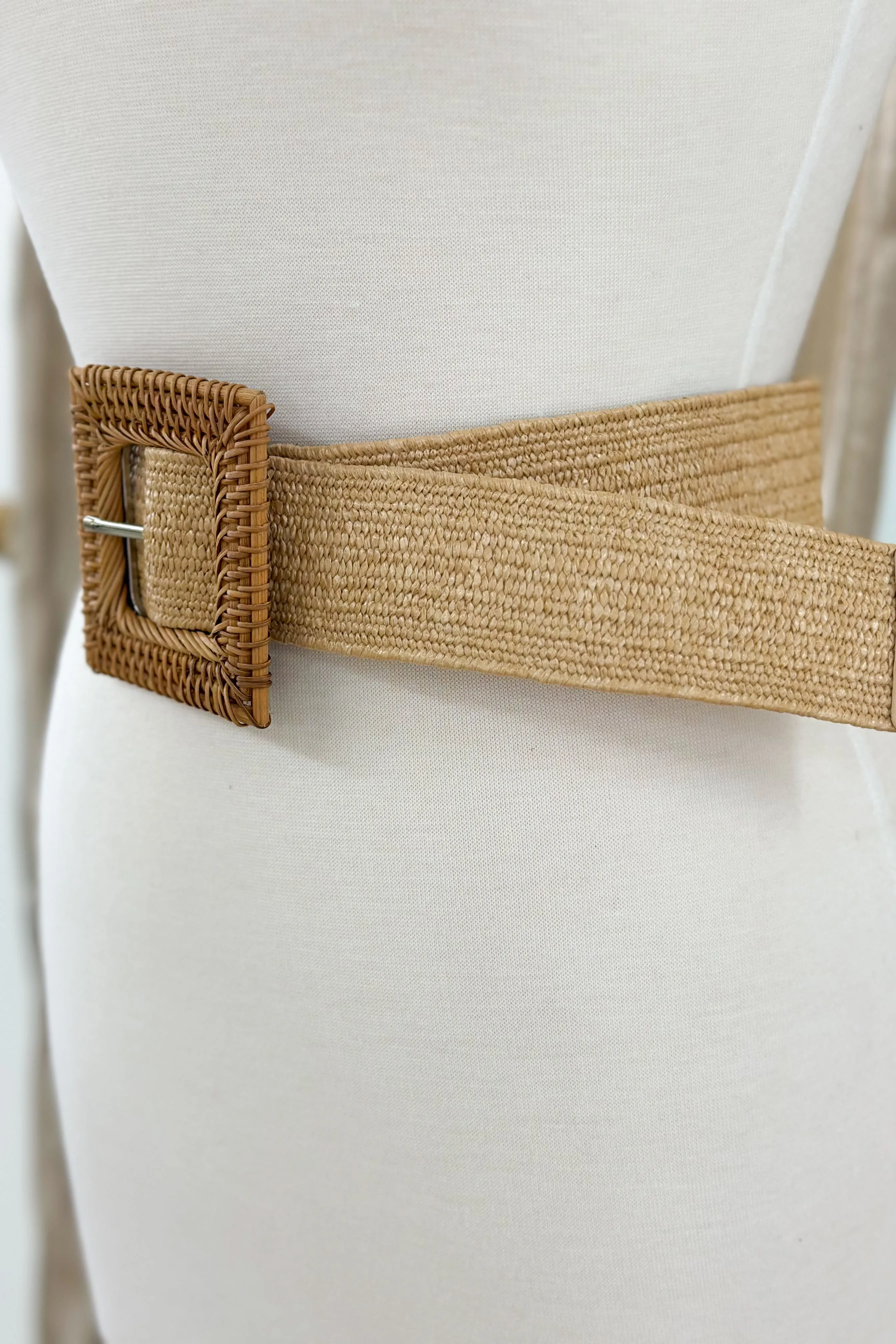 Tan Square Buckle Straw Belt