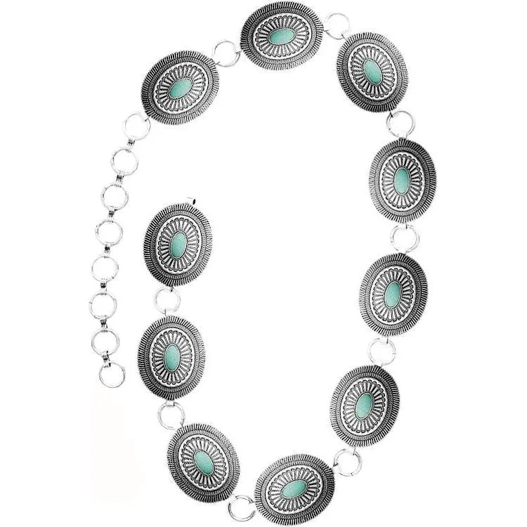 Texture Western Concho Oval Gem Stone Chain Belt