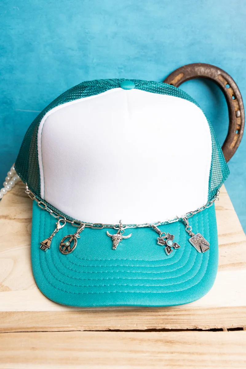 Turquoise Dessert Thunderbird Silvertone Hat Charm Chain
