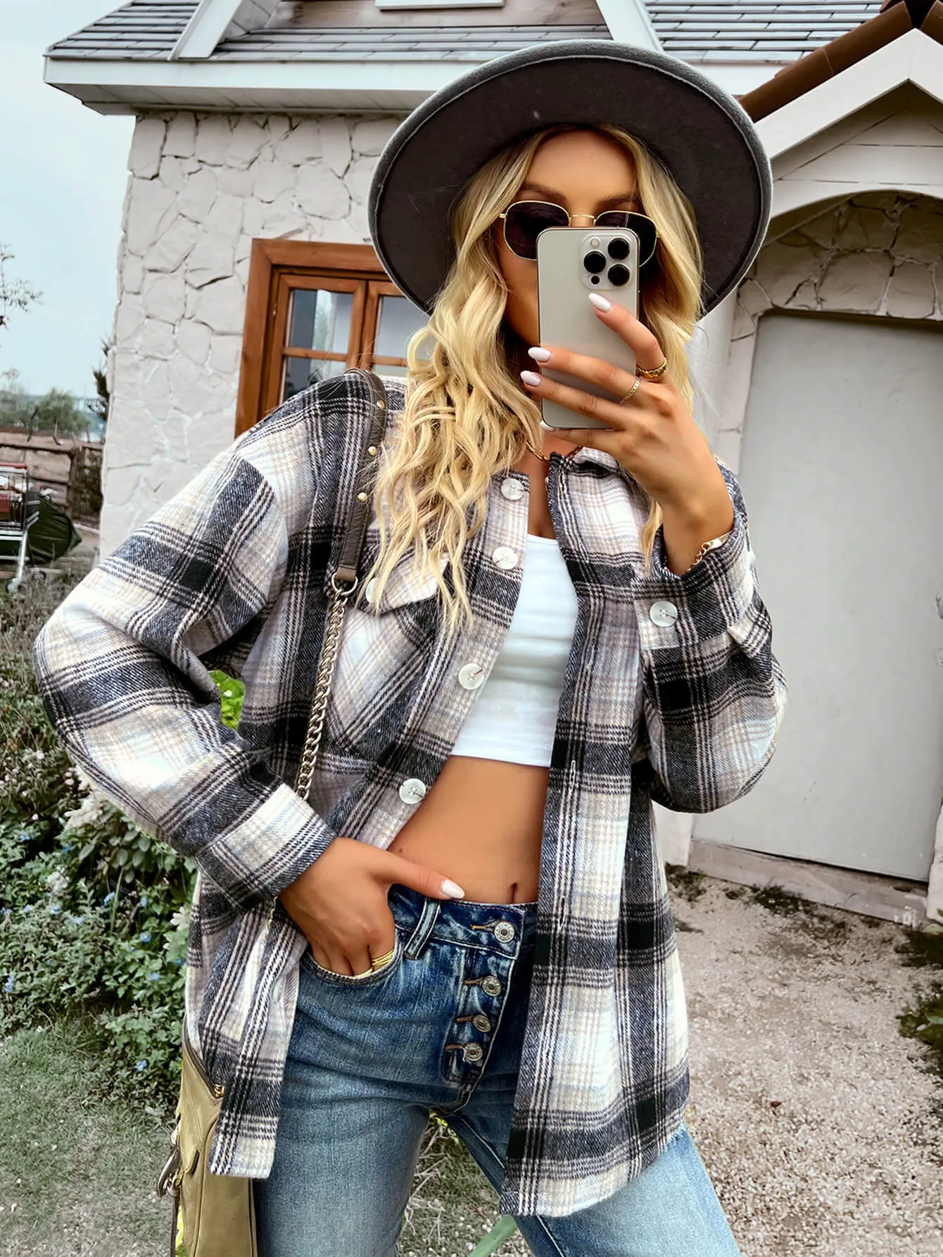 Typical Fall Pocketed Plaid Shacket - Black