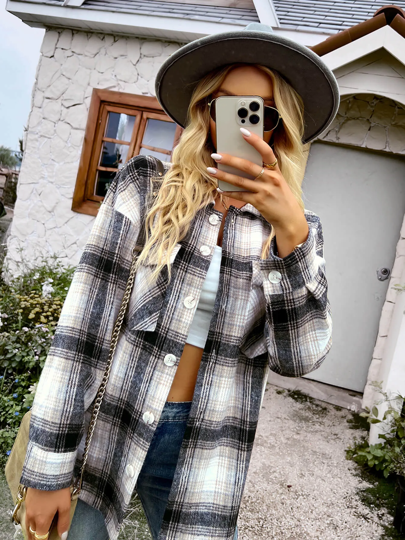 Typical Fall Pocketed Plaid Shacket - Black