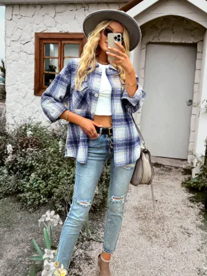 Typical Fall Pocketed Plaid Shacket - Blue