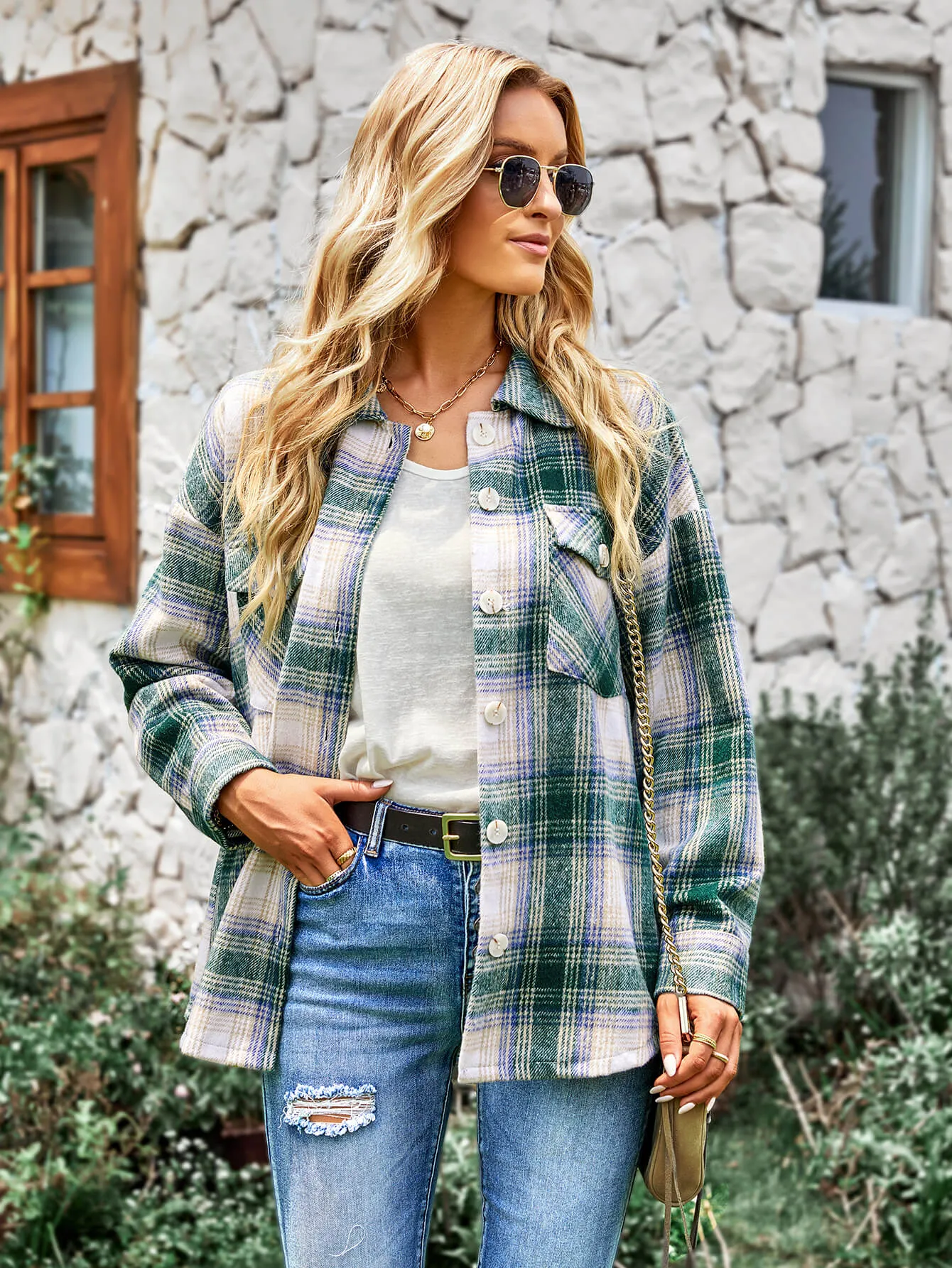 Typical Fall Pocketed Plaid Shacket - Green