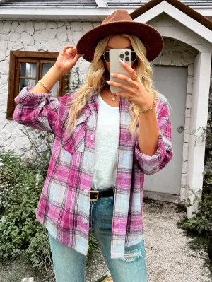 Typical Fall Pocketed Plaid Shacket - Pink