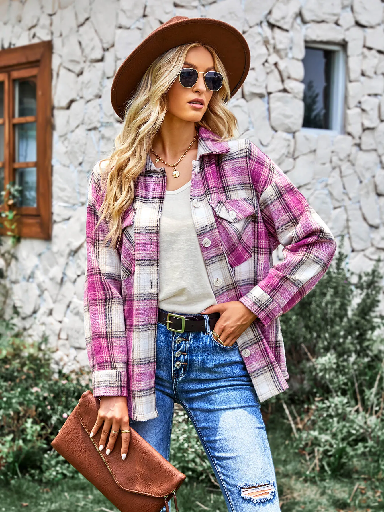 Typical Fall Pocketed Plaid Shacket - Pink