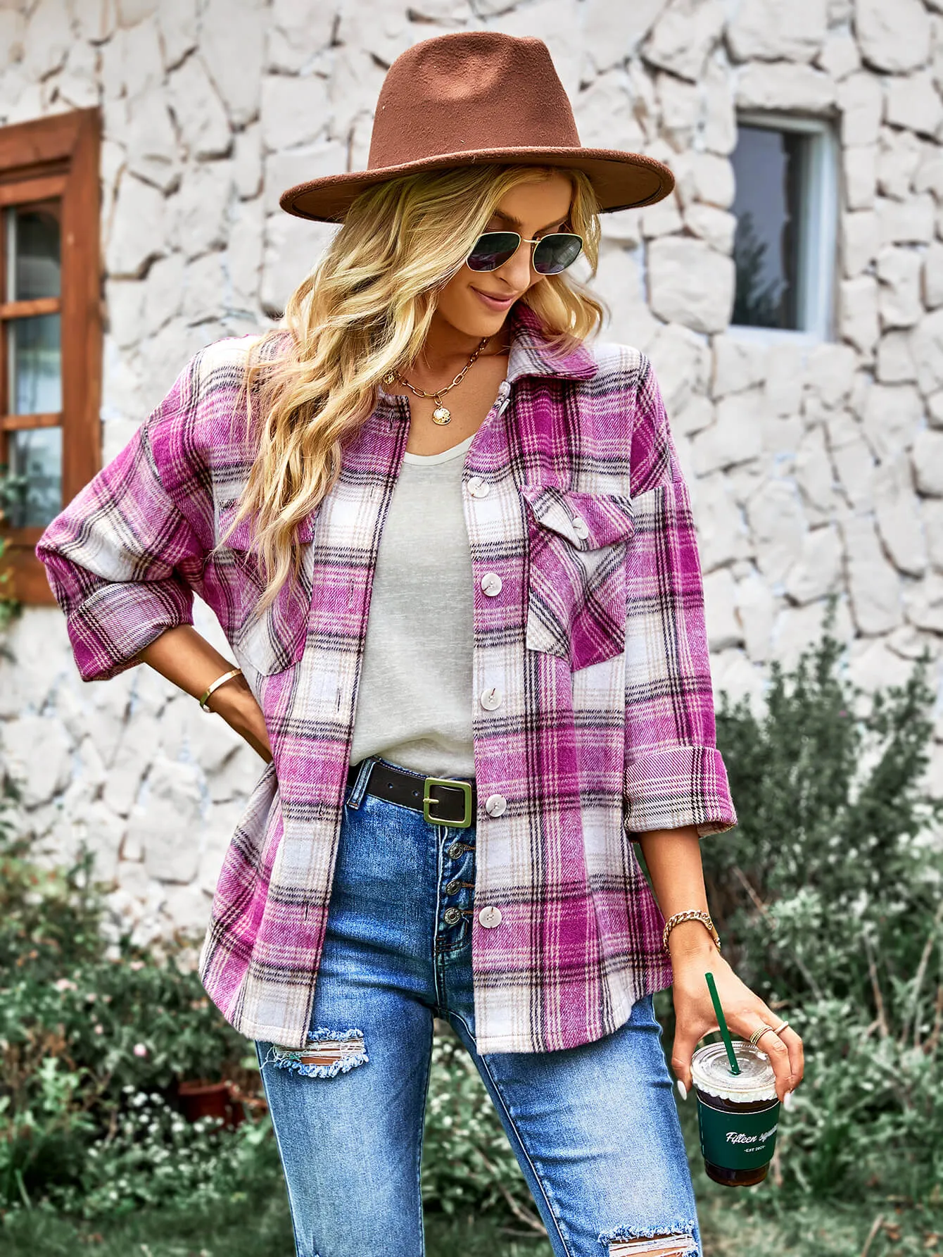 Typical Fall Pocketed Plaid Shacket - Pink
