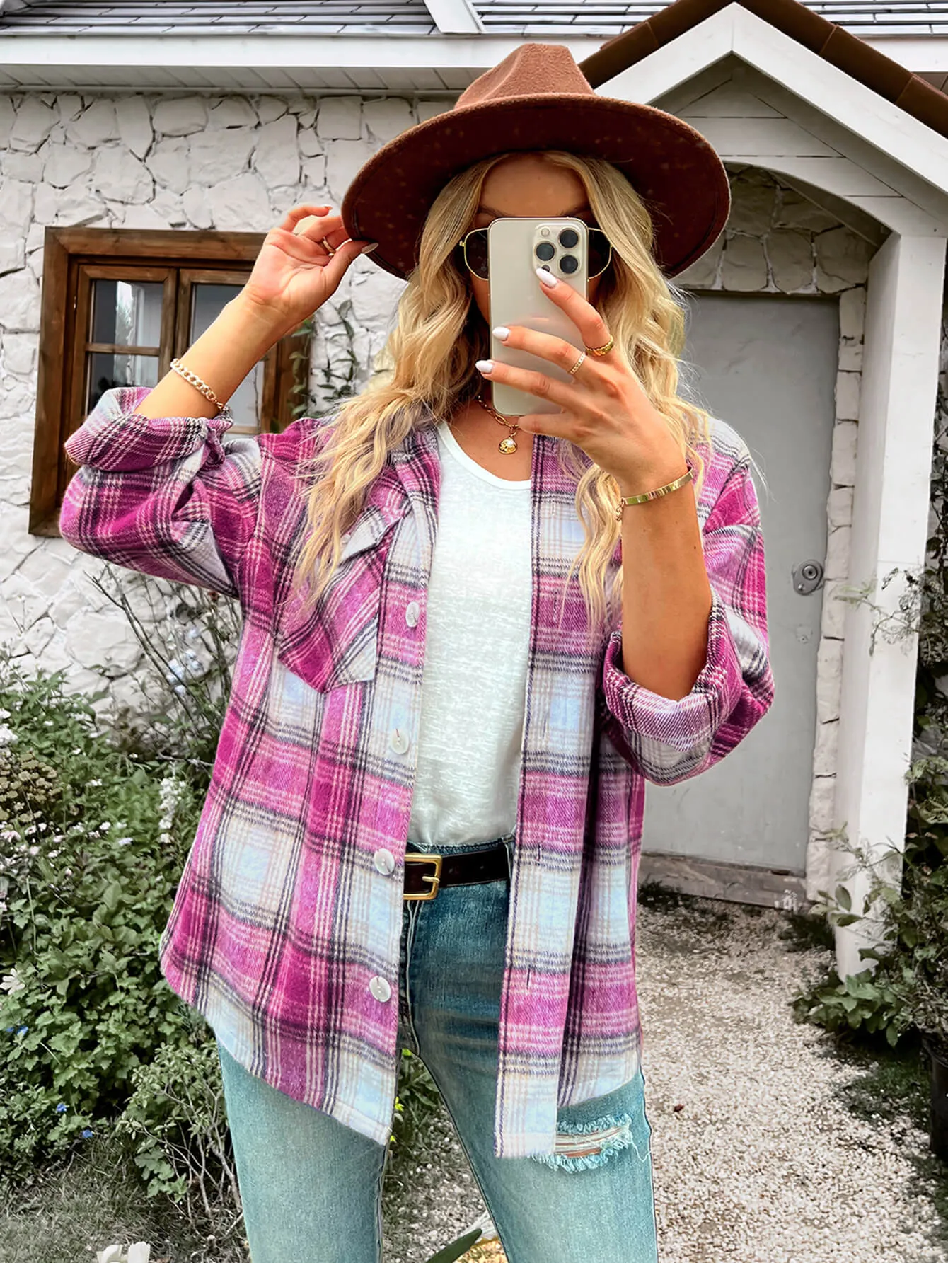 Typical Fall Pocketed Plaid Shacket - Pink