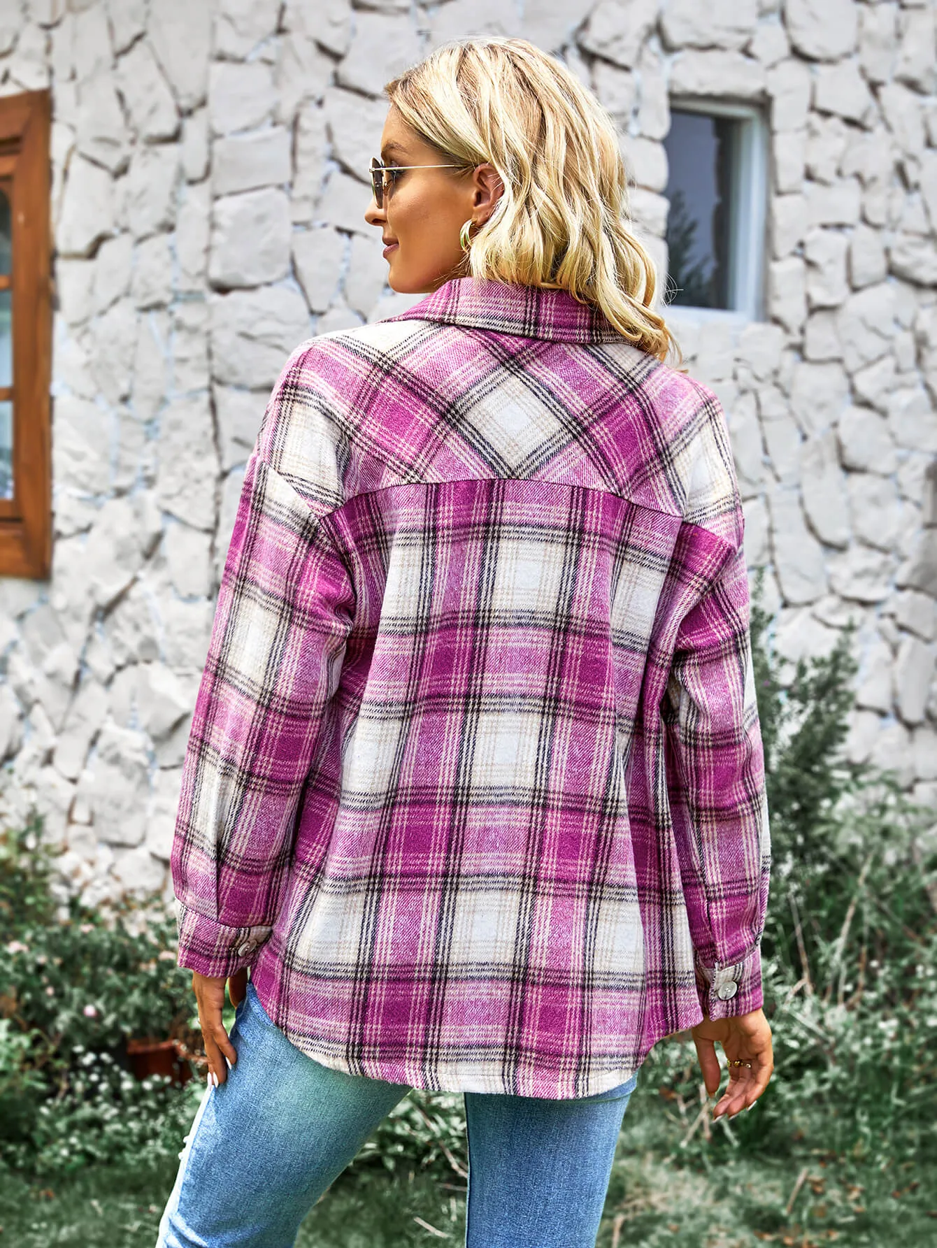 Typical Fall Pocketed Plaid Shacket - Pink