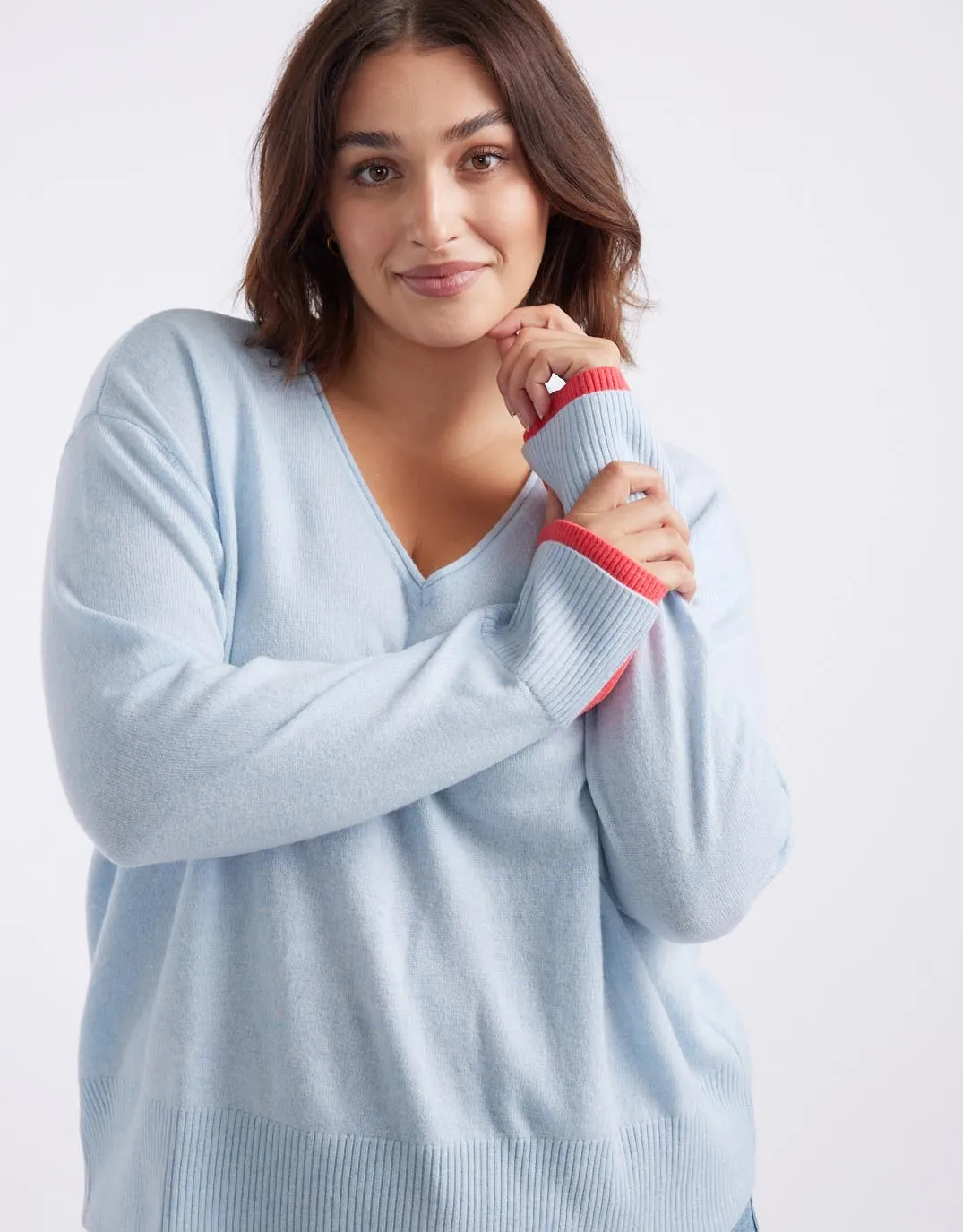 Upstate Wool Cashmere Double Cuff Knit Jumper - Ice Blue/Melon